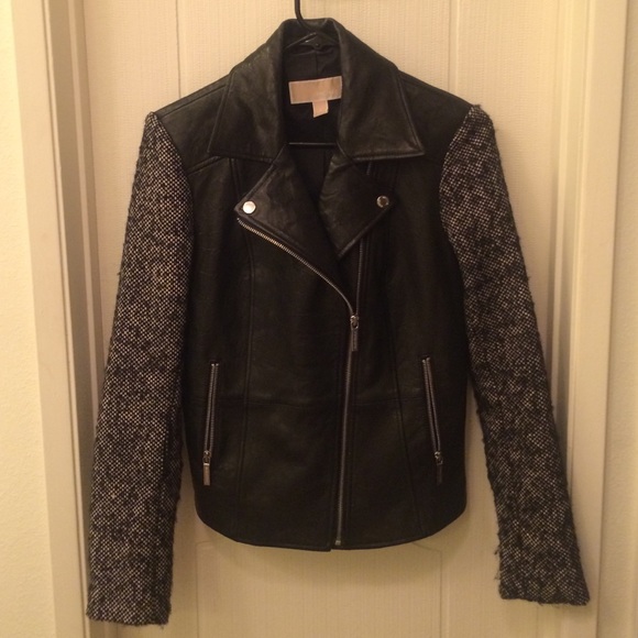Michael Kors Leather Moto jacket w/tweed sleeves
