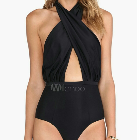 Black criss cross, high waisted monokini in BLACK