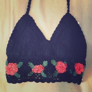 Black crochet lace up top crop bikini festival