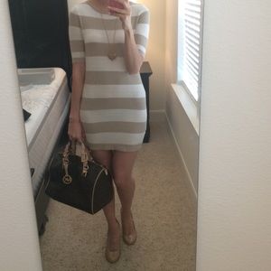 Beige and ivory striped sweater dress