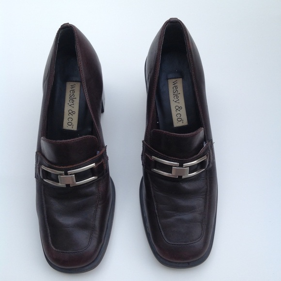 Brown leather chunky heel loafer heels shoes 6/6.5