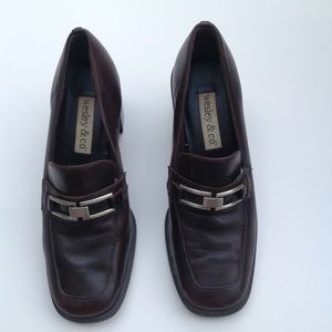 Brown leather chunky heel loafer heels shoes 6/6.5