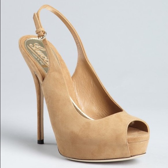 Gucci Camel Peep Toe Slingback Stiletto