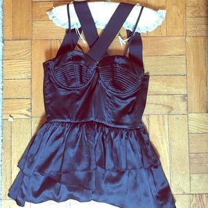 Geren Ford Black Satin Peplum Bustier Top
