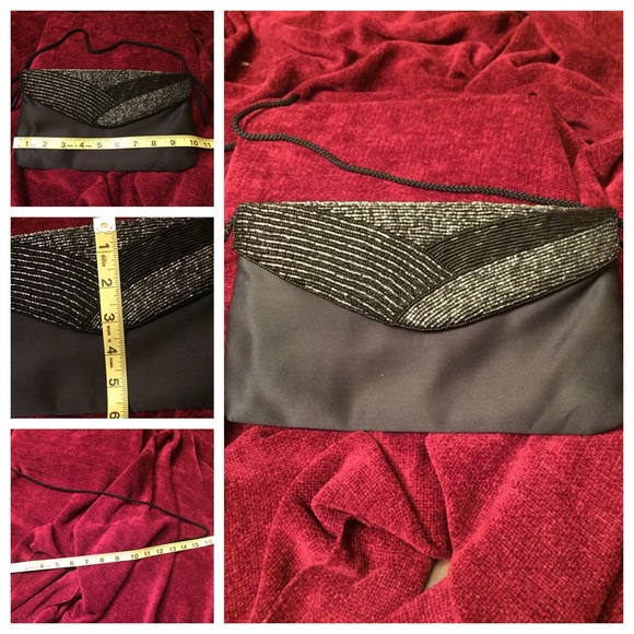 Black satin sequined after five purse with strap