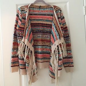 Multi-colored Aztec Print Cardigan with Fringe