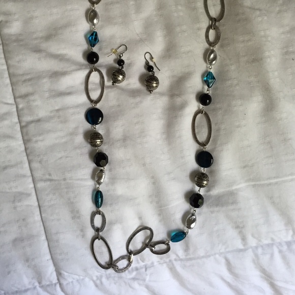 Teal, black, and silver Necklace and Earring Set