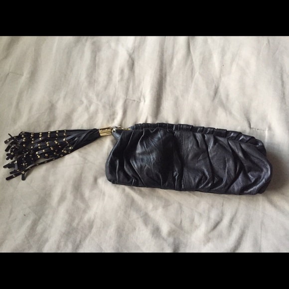 Genuine Leather Black Clutch w Fringe Tassle