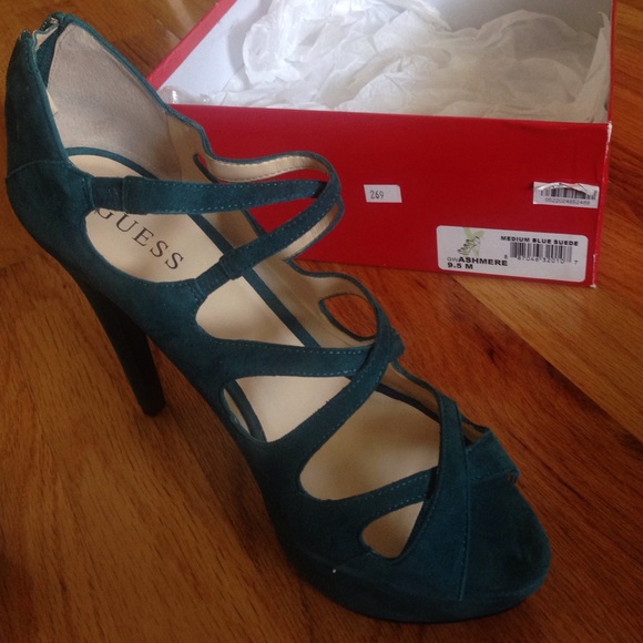 Blue green suede heels from Guess size 9.5