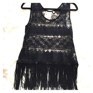Black lace/crochet fringe tank top