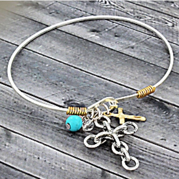Jewelry - #291 Two-Tone Cross Charm Hook Bangle Bracelet