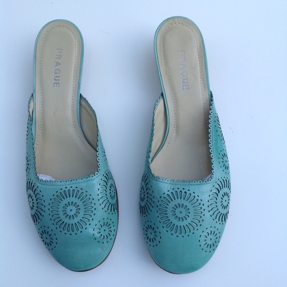 Prague leather European slides mules mint green 36