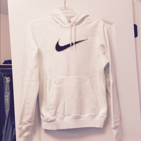 White hoodie with black/gold swoosh