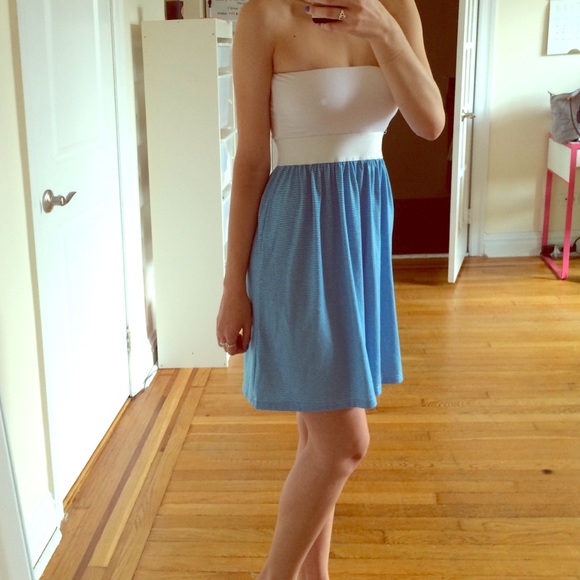 Blue and White striped strapless dress