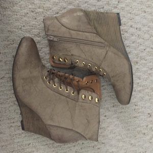 Taupe Burnish Wedged Booties