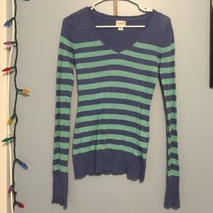long sleeve blue and min green striped shirt