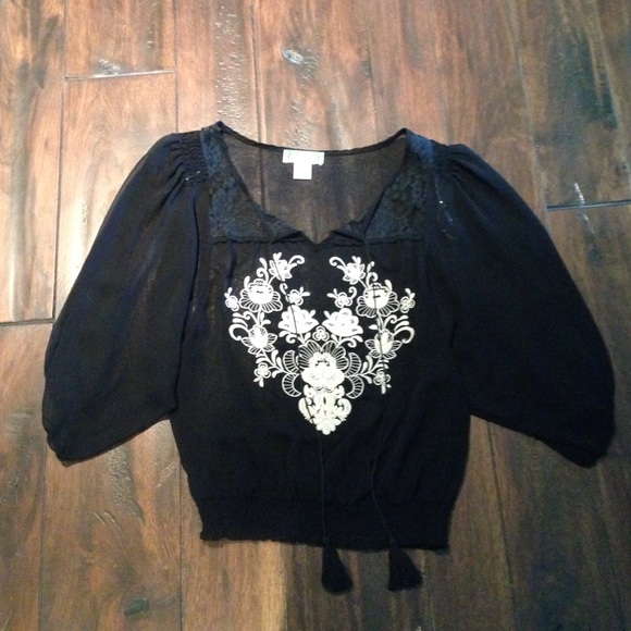 Black see through top with white print design