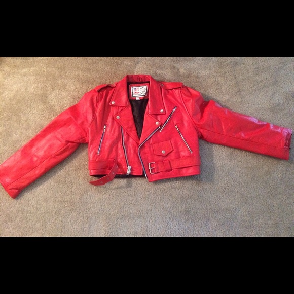 Red Vintage Leather Cropped Motorcycle Jacket
