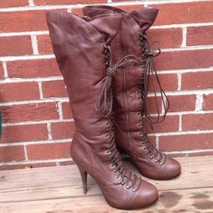 Brown riding boots lace up heel high