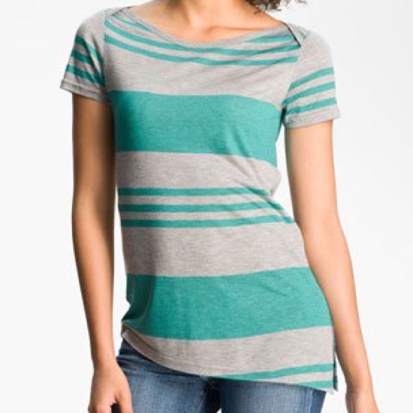 Turquoise & Heather Gray Striped Asymmetrical Tee
