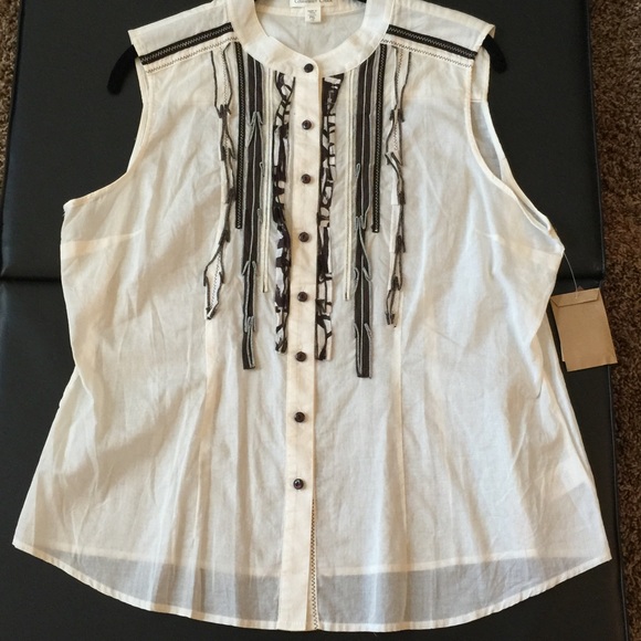Ivory Button Blouse with Ribbon Detailing.