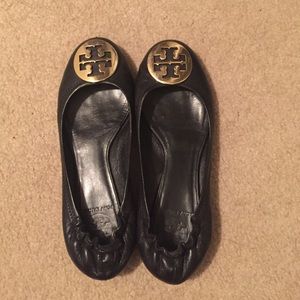 tory burch black flats with gold logo
