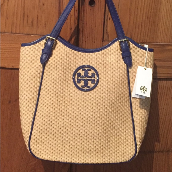 Tory Burch Handbags - BRAND NEW Tory Burch straw tote, blue leather trim