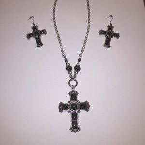 SILVER TONE BLACK CROSS NECKLACE & EARRING SET