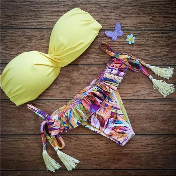 Sexy light yellow padded top Brazilian bottoms M
