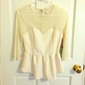 Mesh, Beaded, Off-White Peplum Top