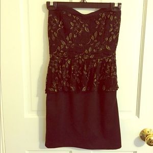 Mini Black and Gold Foil Peplum Strapless Dress