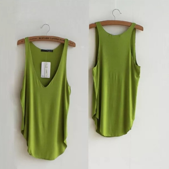 Tops - KELLY Green Deep V Neck Asymmetrical Tank Top