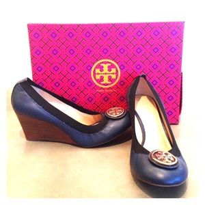 Tory Burch navy wedges. Brand new with box.