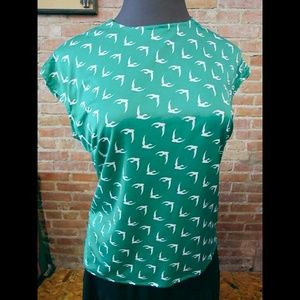 VINTAGE Teal & White Birds Sparrows Top