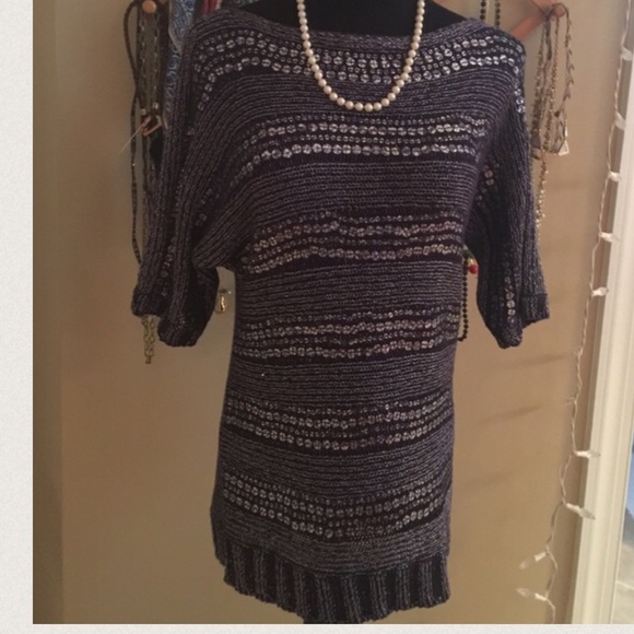 Sweaters - Navy/silver sequin short sleeve striped sweater