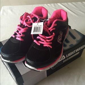 Black and neon pink running shoes.