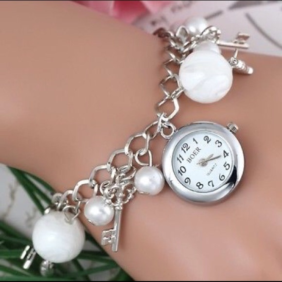 Beautiful silver charm bracelet with Quartz watch. - Picture 2 of 2