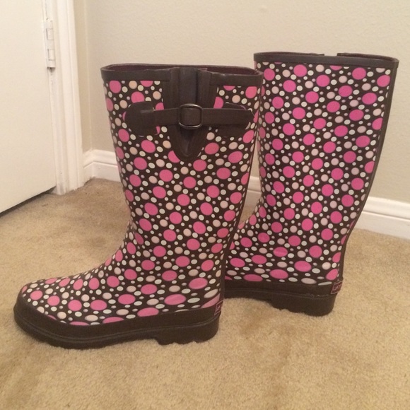 Pink and brown polka dot rain boots