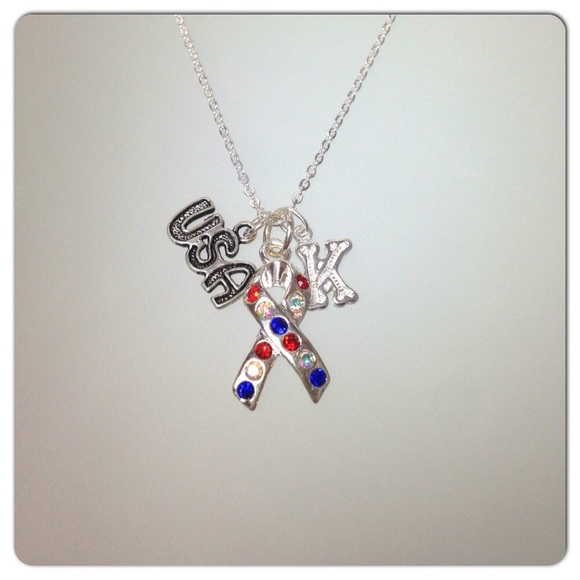 Swarovski Awareness Ribbon Necklace-Red/White/Blue