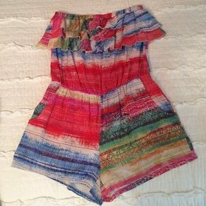 colorful rainbow ruffled strapless romper