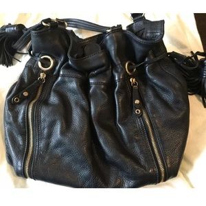 Cole Haan Drawstring Black Leather Tassle Tote