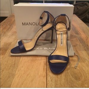 BLUE MANOLO BLAHNIK CHAOS ANKLE STRAP SANDALS