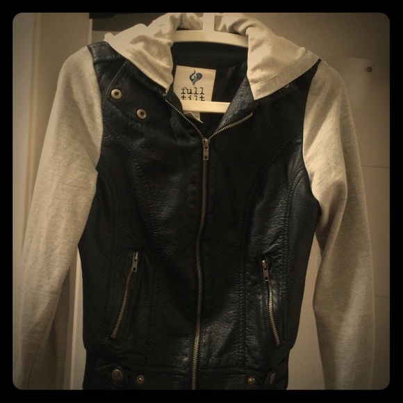 Faux leather jacket with grey sleeves and hoodie
