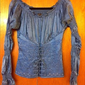 Blue silk beaded corset style peasant top