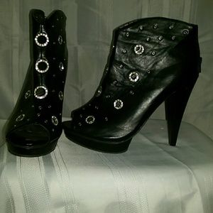 Funky jeweled platform peep toe booties