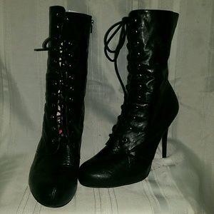 Black lace up above ankle booties with side zipper