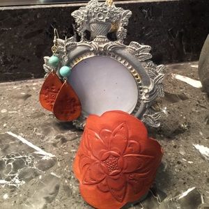 NWOT Hand Tooled Leather Bracelet and Earrings