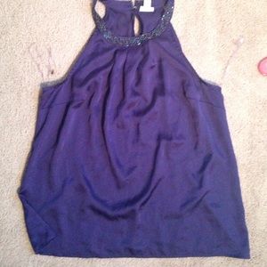 Women's purple silky top with detailed collar