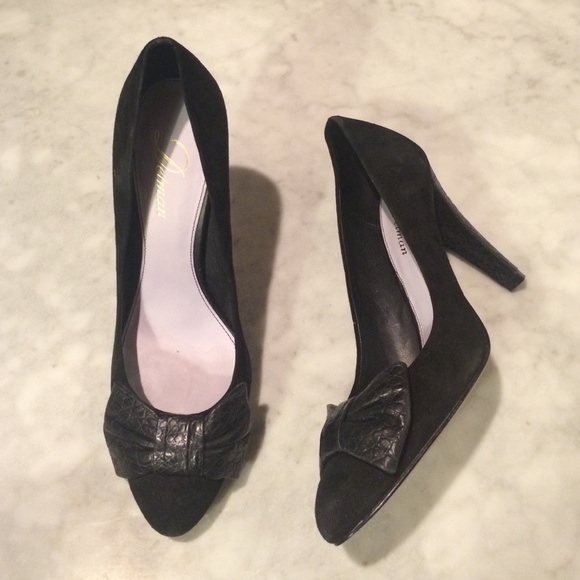 Delman black leather pumps with bow