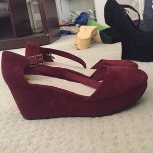 Dark red velvet flatforms